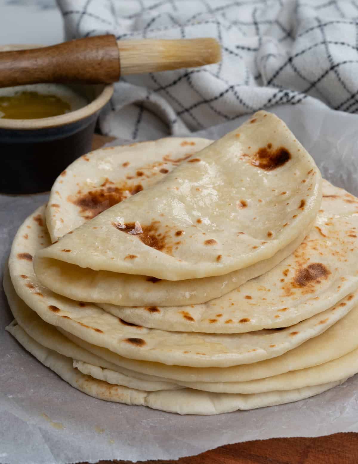 Stack of soft homemade flour tortilla