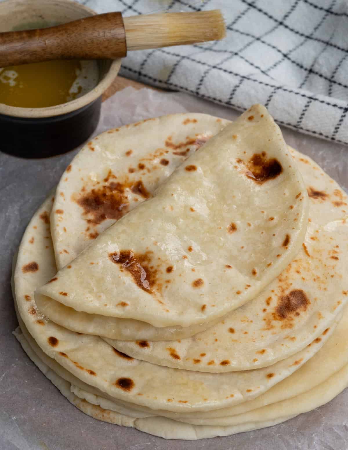 Stack of soft homemade flour tortilla