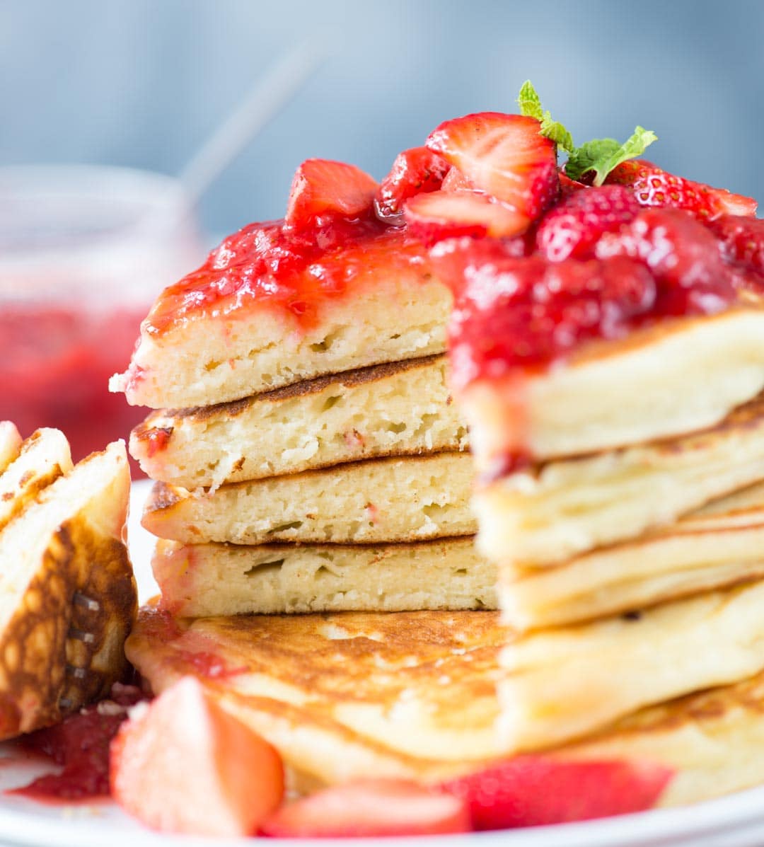 Fluffy Ricotta Pancakes with Strawberry Sauce