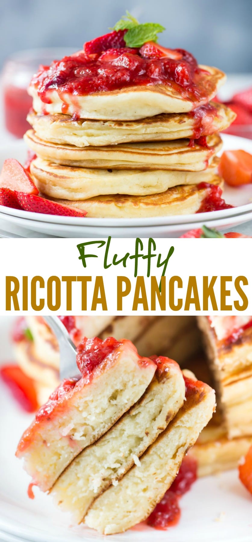 Fluffy Ricotta Pancakes with Strawberry Sauce