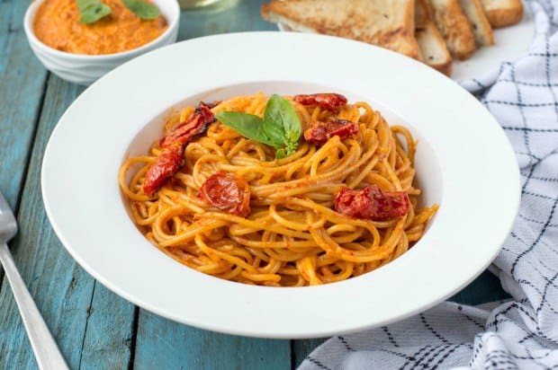 Spaghetti in red chilli pesto and roasted tomatoes Recipe | The Flavours of  Kitchen