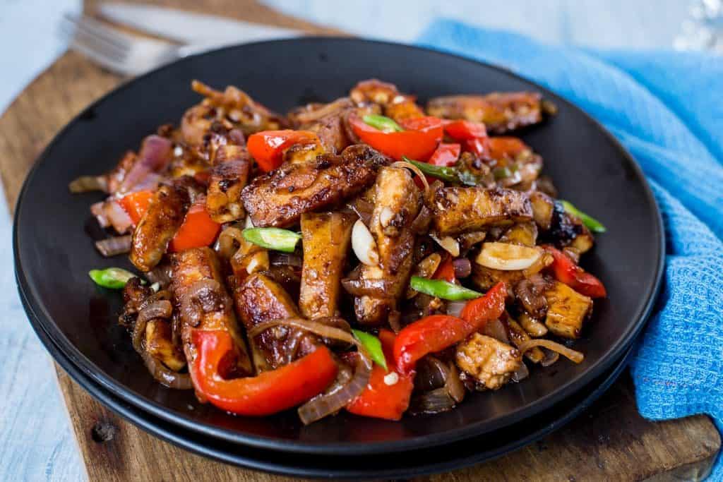 Crispy tofu stir fried in garlic sauce with chinese flavors