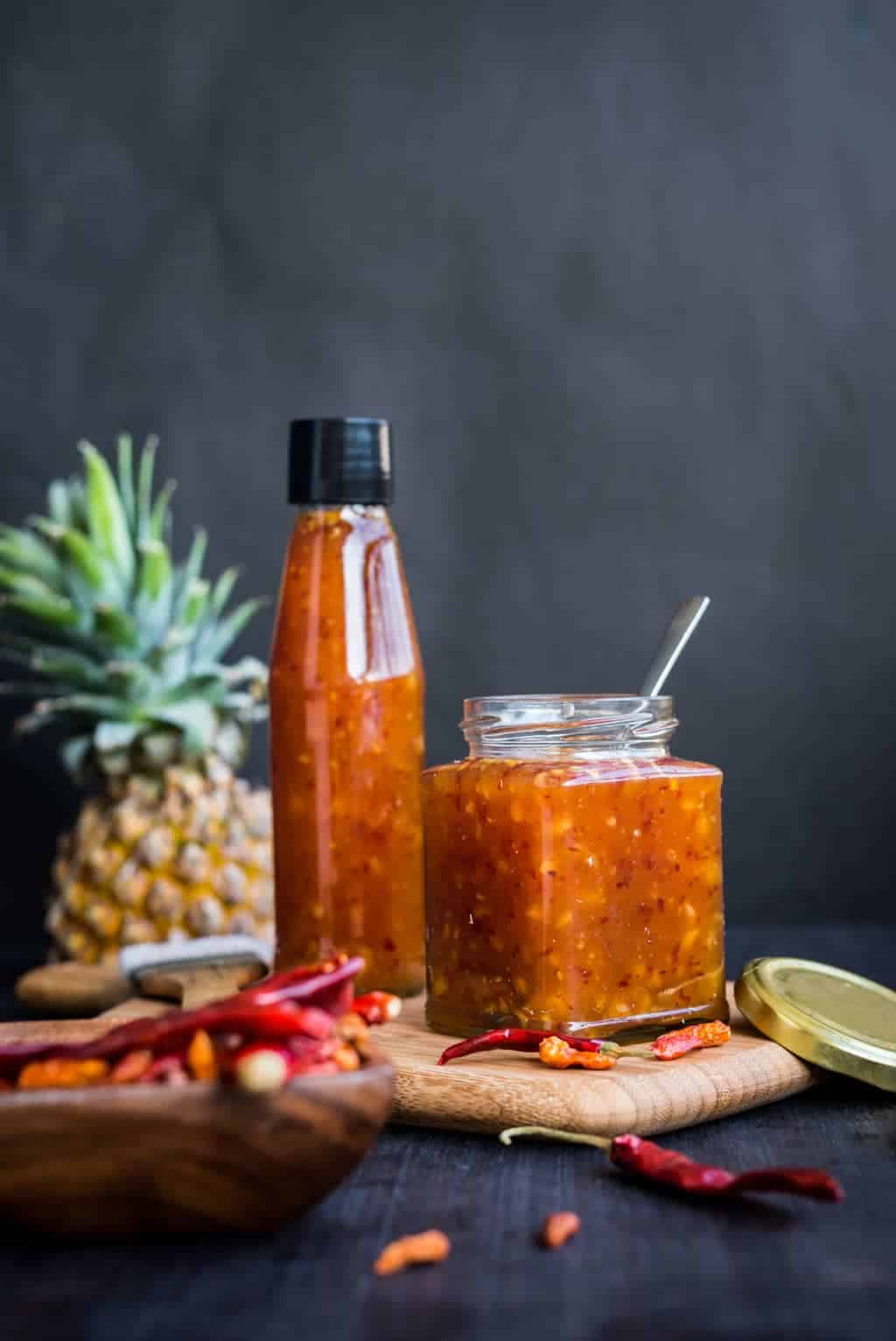 Jarful of sweet chili Pineapple sauce made with basic ingredients