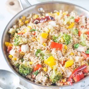 This Brown Rice Recipe with Chicken and vegetables is healthy, filling and easy to make. When made with leftover rice and precut vegetables, it would take less than 15 minutes.