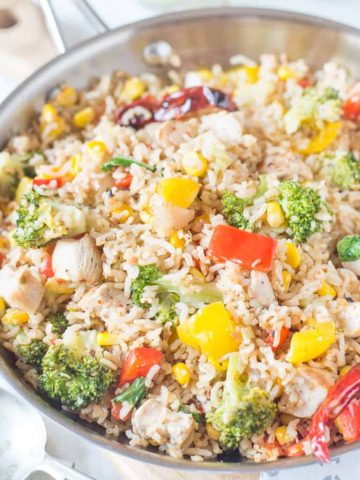 This Brown Rice Recipe with Chicken and vegetables is healthy, filling and easy to make. When made with leftover rice and precut vegetables, it would take less than 15 minutes.