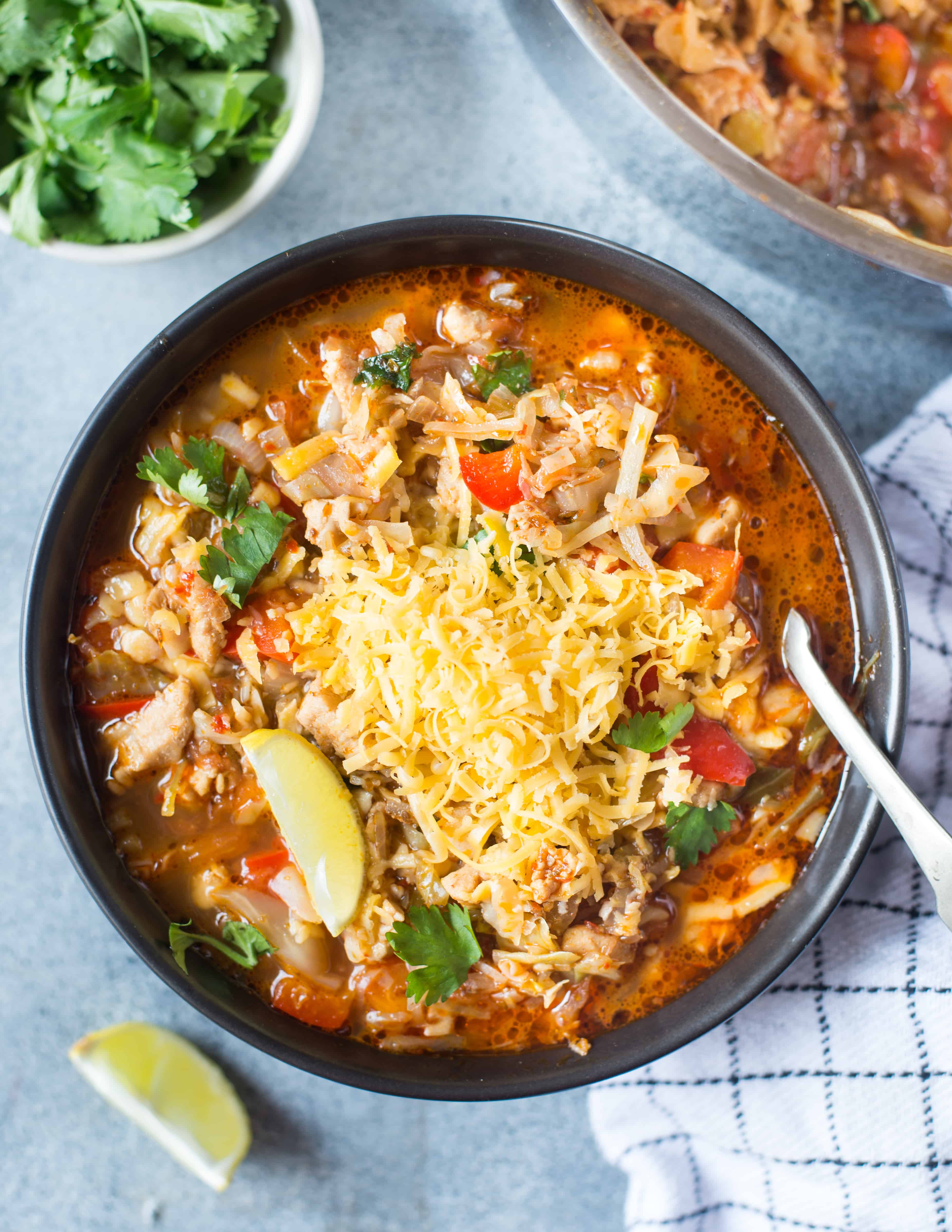 This Low Carb Chicken Taco Soup is light, healthy and perfect if you are on a weight loss journey. It is also a Keto friendly recipe. Just add Corn, Kidney beans and top it with nachos to make it more wholesome.