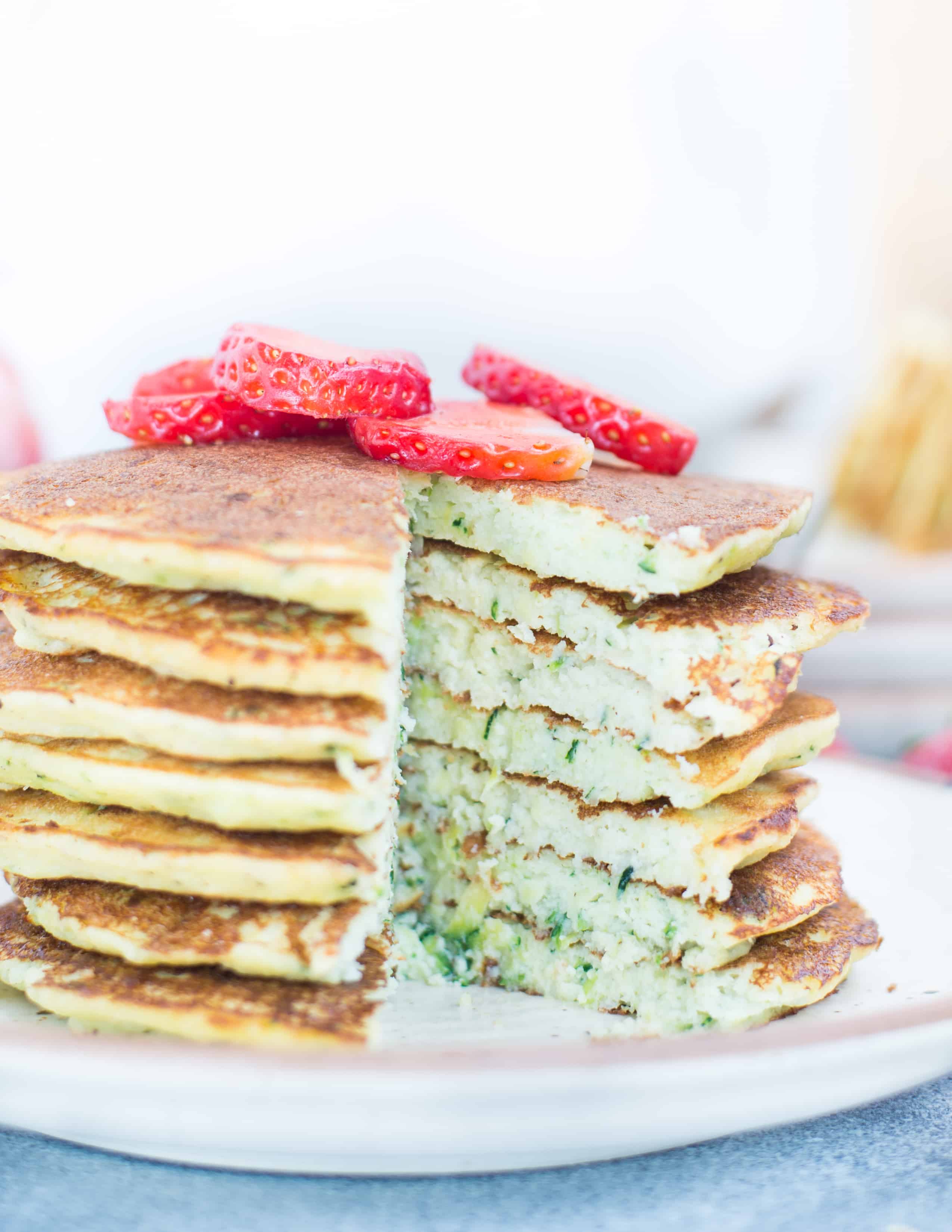 These  Low Carb Coconut Flour Pancakes with zucchini are fluffy, delicious and Keto friendly. Top these pancakes with fresh berries or Honey(Non-Keto) for a delicious breakfast.