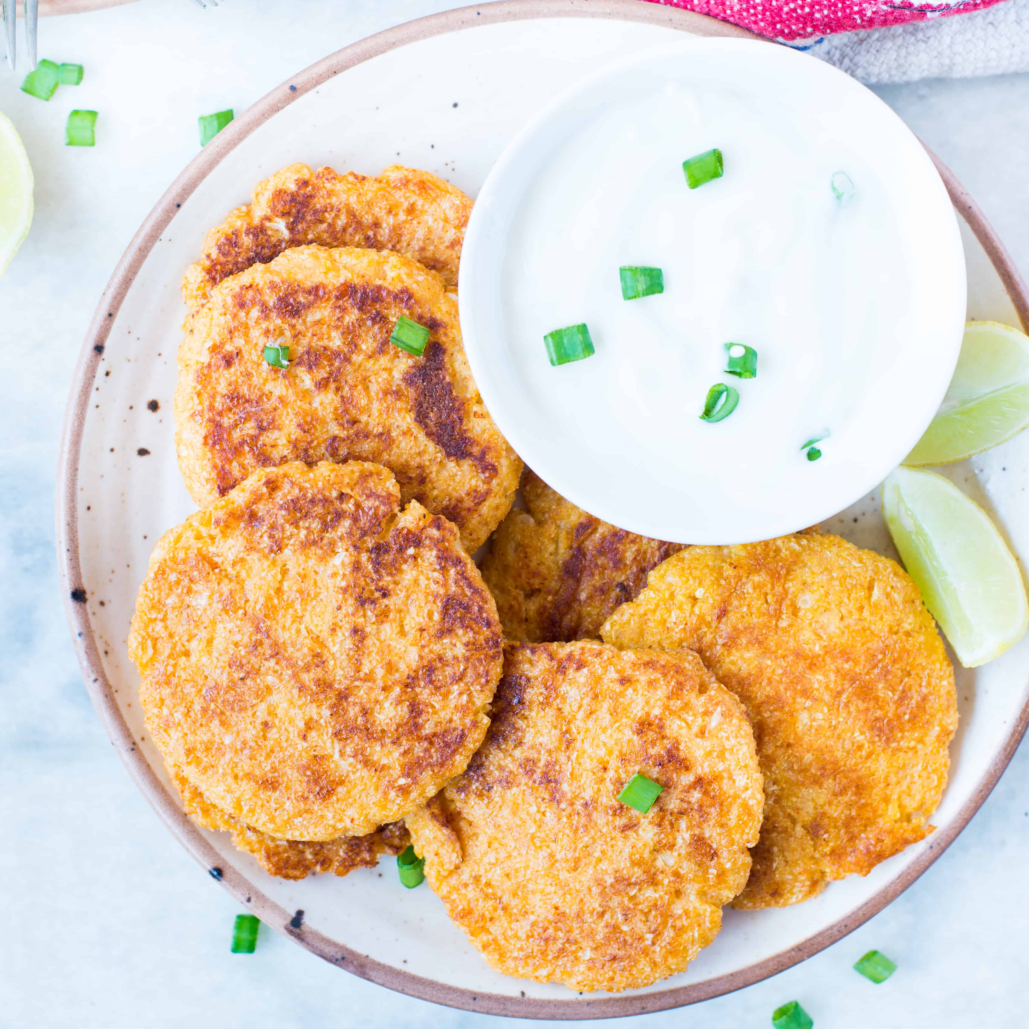 Low Carb Parmesan Cauliflower Fritters served with a mayo dip