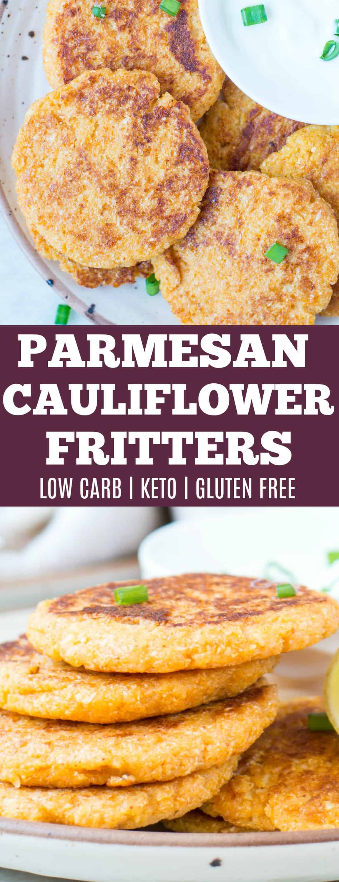 Pin of stack of Parmesan Cauliflower Fritters recipe