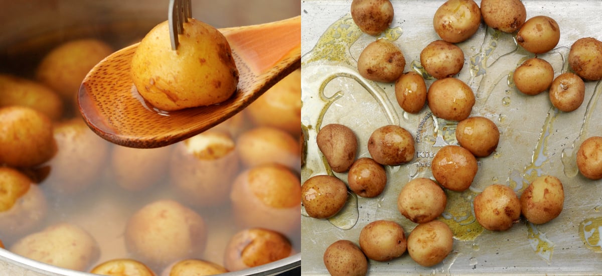 Cook baby potatoes in salted water. 