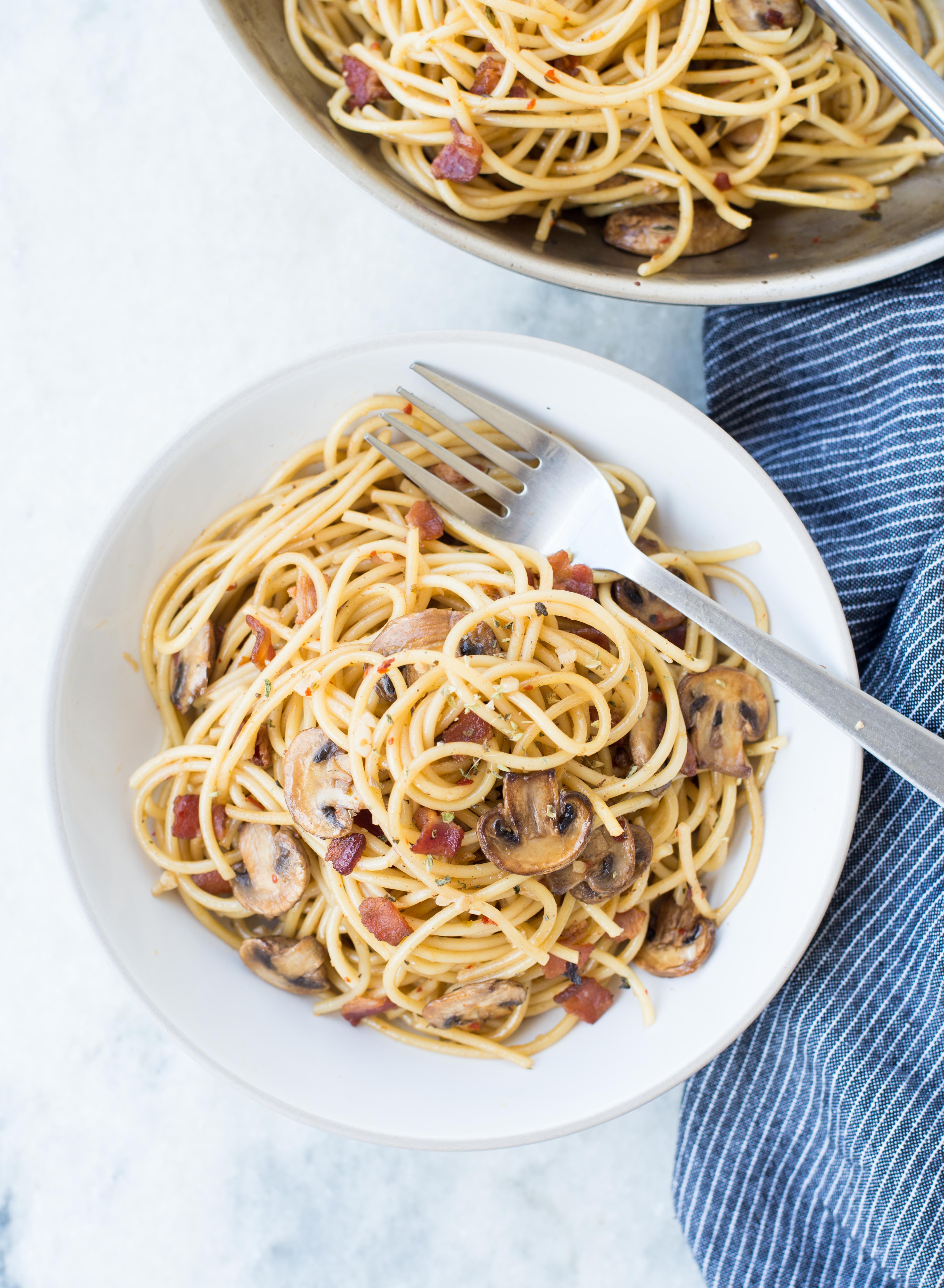 Garlic Mushroom Spaghetti With Bacon - The flavours of kitchen