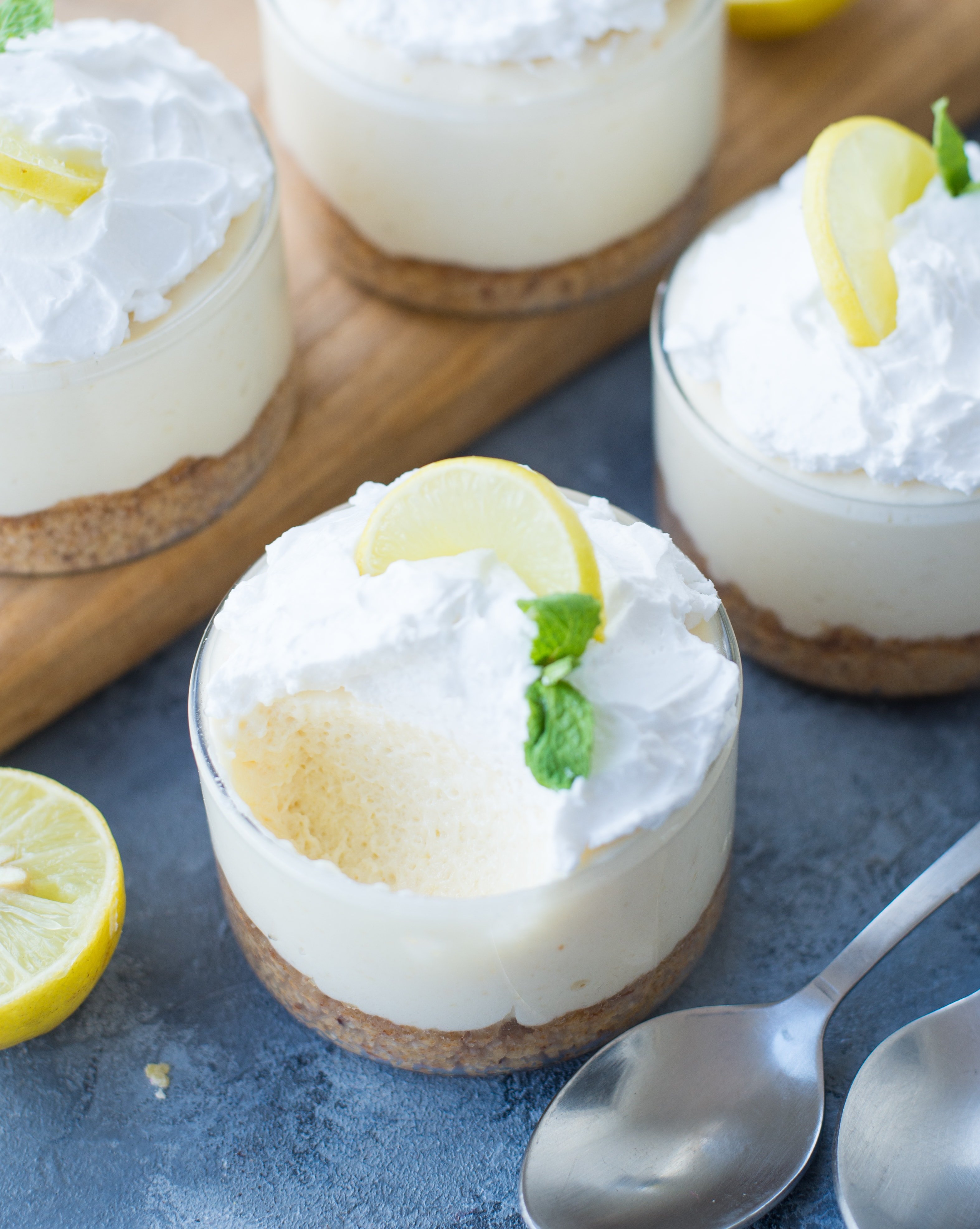A smooth, creamy No-Bake Lemon Cheesecake Jars with is Low carb without any compromise with the taste.  A perfect low carb dessert for the summer with light, airy filling and real lemon flavor. 