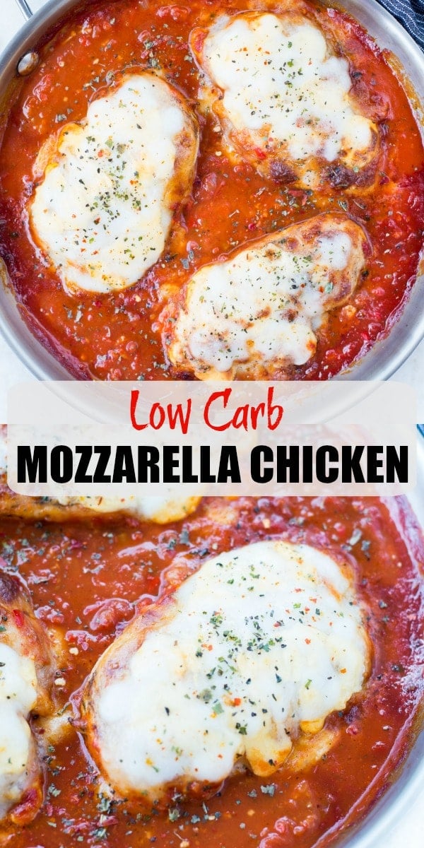 This Easy Mozzarella Chicken in homemade tomato sauce is low carb and made in one skillet. Pan Seared Chicken cooked in chunky tomato sauce and topped with gooey mozzarella is a perfect low carb dinner.