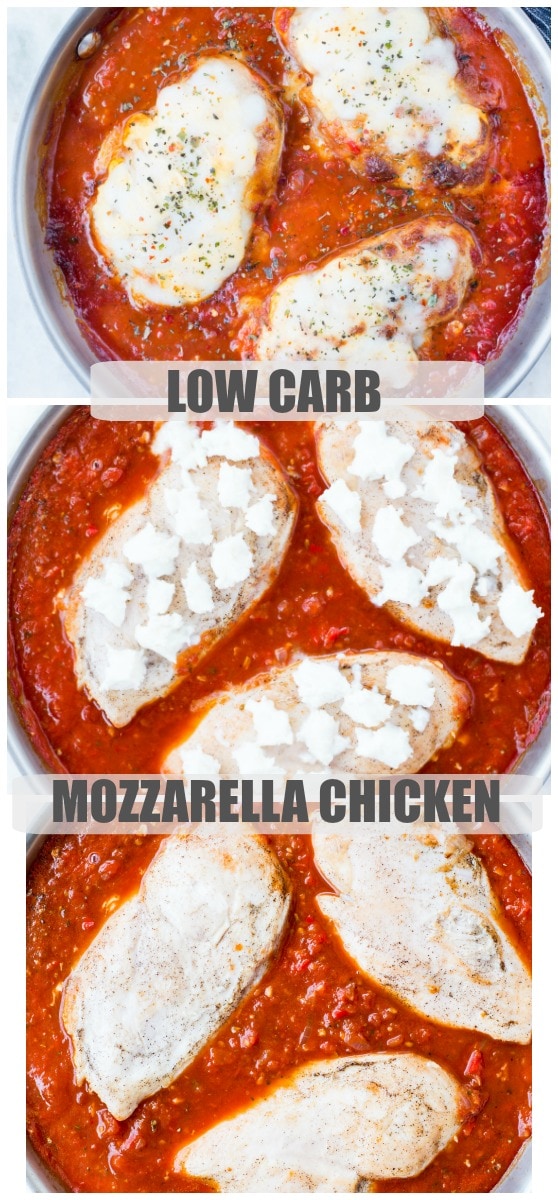 This Easy Mozzarella Chicken in homemade tomato sauce is low carb and made in one skillet. Pan Seared Chicken cooked in chunky tomato sauce and topped with gooey mozzarella is a perfect low carb dinner.