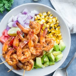 Grilled Shrimp with Corn Avocado Salad is a refreshing salad for warm summer days. Spicy grilled shrimp paired with grilled corn, avocado and other veggies takes only 15 minutes of your time.