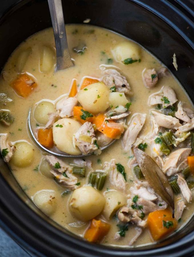 Homemade Crockpot Chicken Stew is loaded with vegetables and is gluten-free. Coconut milk makes it thick and creamy. It is the only comfort food you would need to cosy up to on a cold winter night.