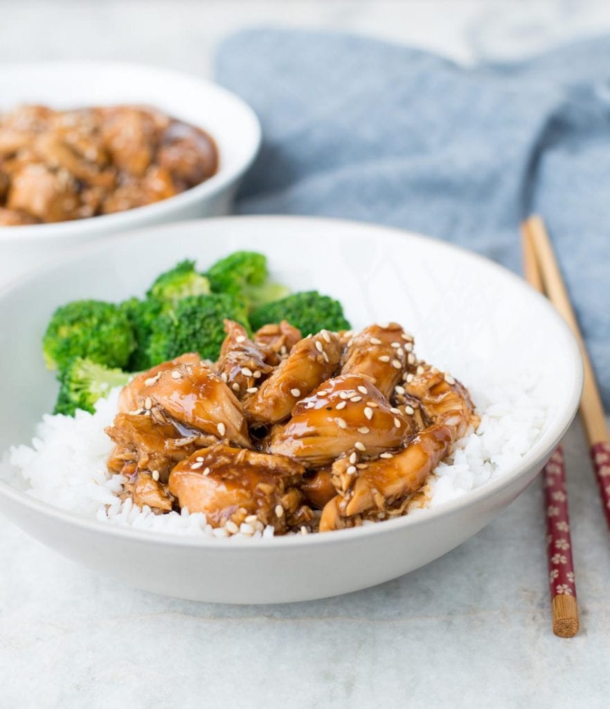 Chicken breast made with a delicious Sweet and Savoury Sauce, served on white rice in a bowl and served with roasted broccoli. 