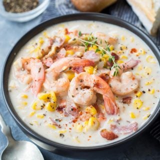 Thick and Creamy Shrimp Corn Chowder with Bacon is a hearty soup to keep you warm and cosy on a cold winter night.  It is easy, one pot and takes less than 30 minutes to make.