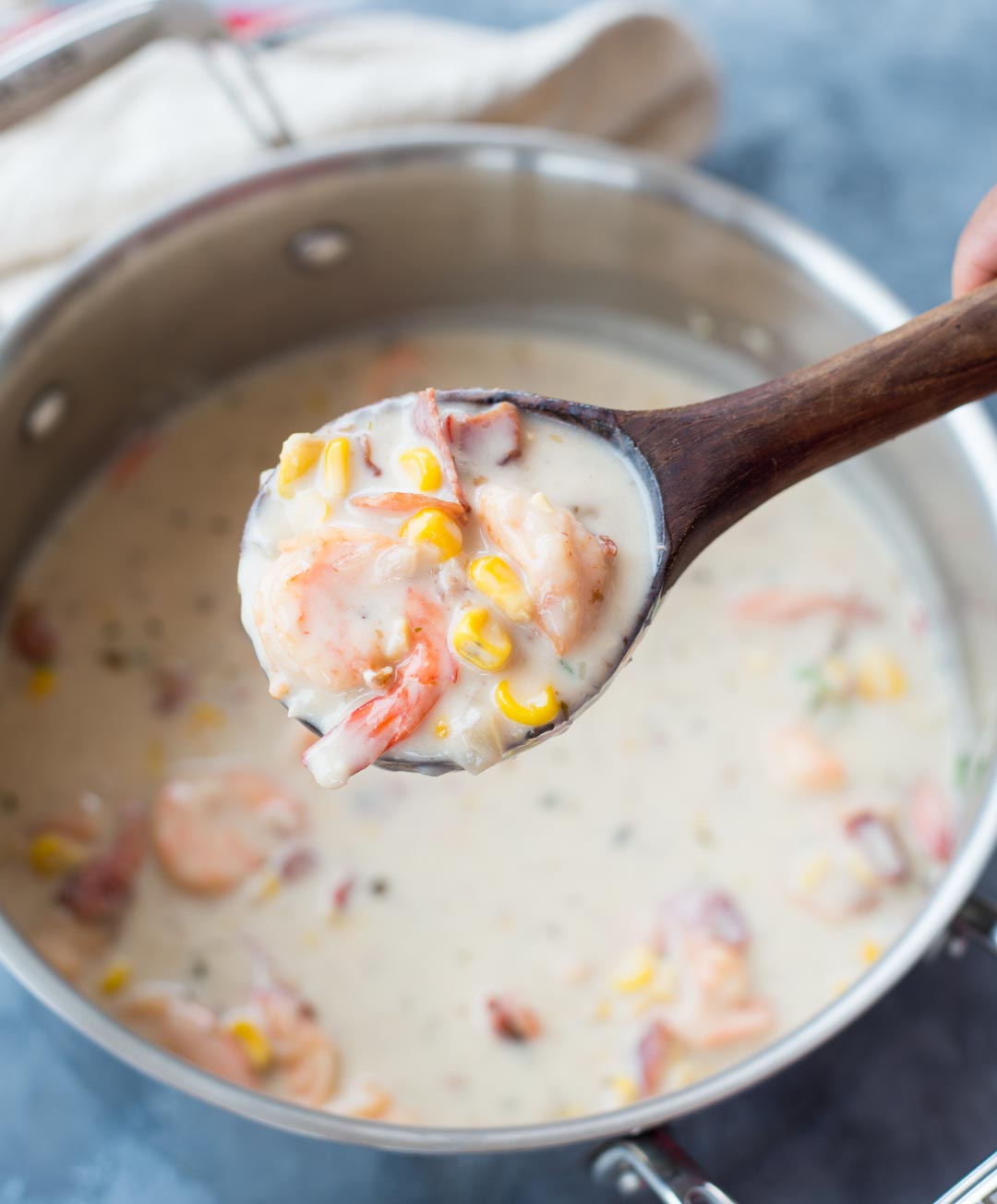 Thick and Creamy Shrimp Corn Chowder with Bacon is a hearty soup to keep you warm and cosy on a cold winter night.  It is easy, one pot and takes less than 30 minutes to make.