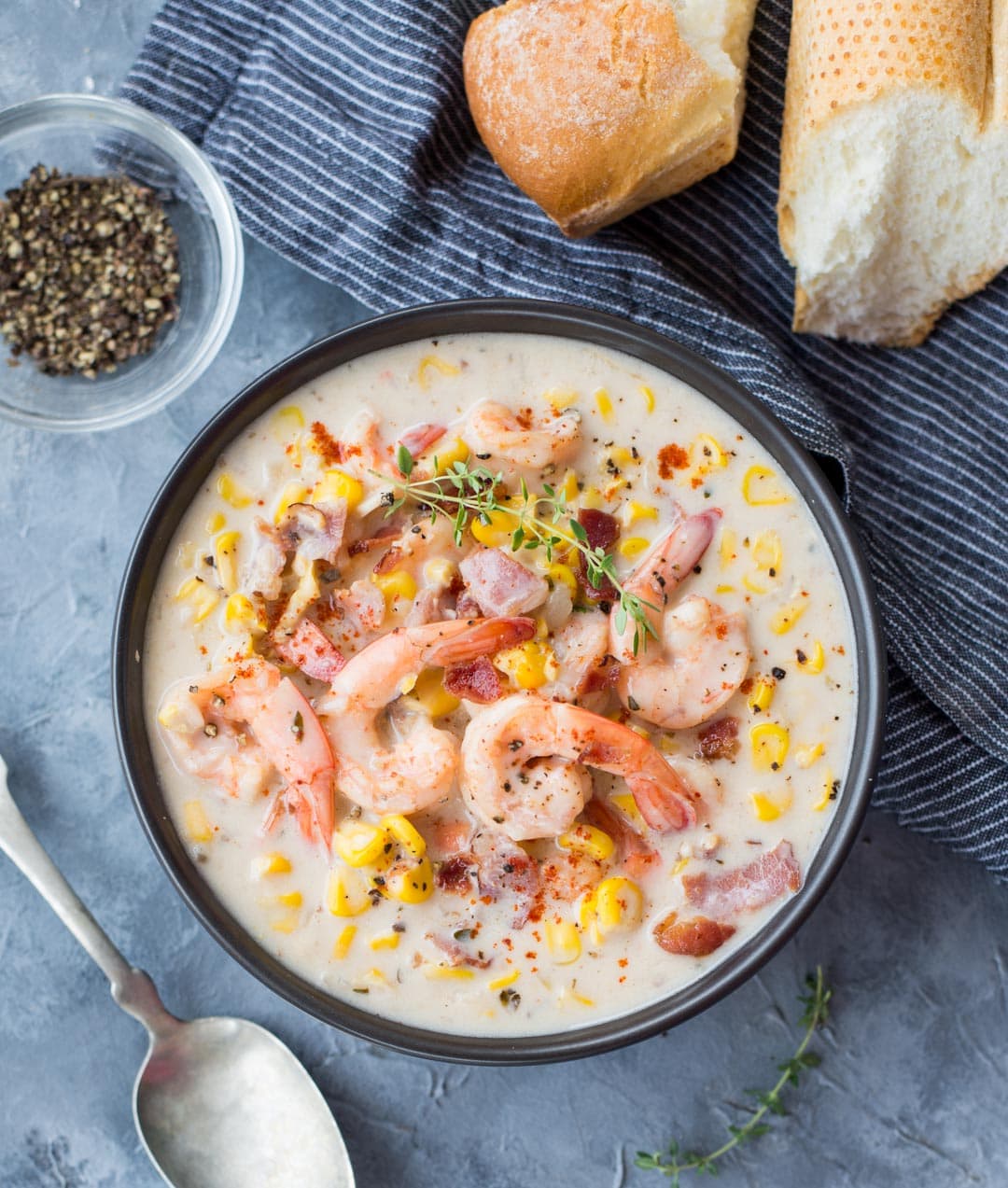 Thick and Creamy Shrimp Corn Chowder with Bacon is a hearty soup to keep you warm and cosy on a cold winter night.  It is easy, one pot and takes less than 30 minutes to make.