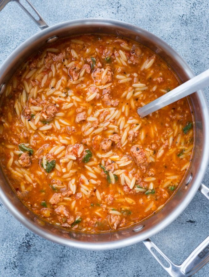 This One Pot Italian Sausage Orzo Soup with Spicy Italian Sausage, Orzo Pasta with rich tomato flavour is delicious and takes only 20 minutes to make. 