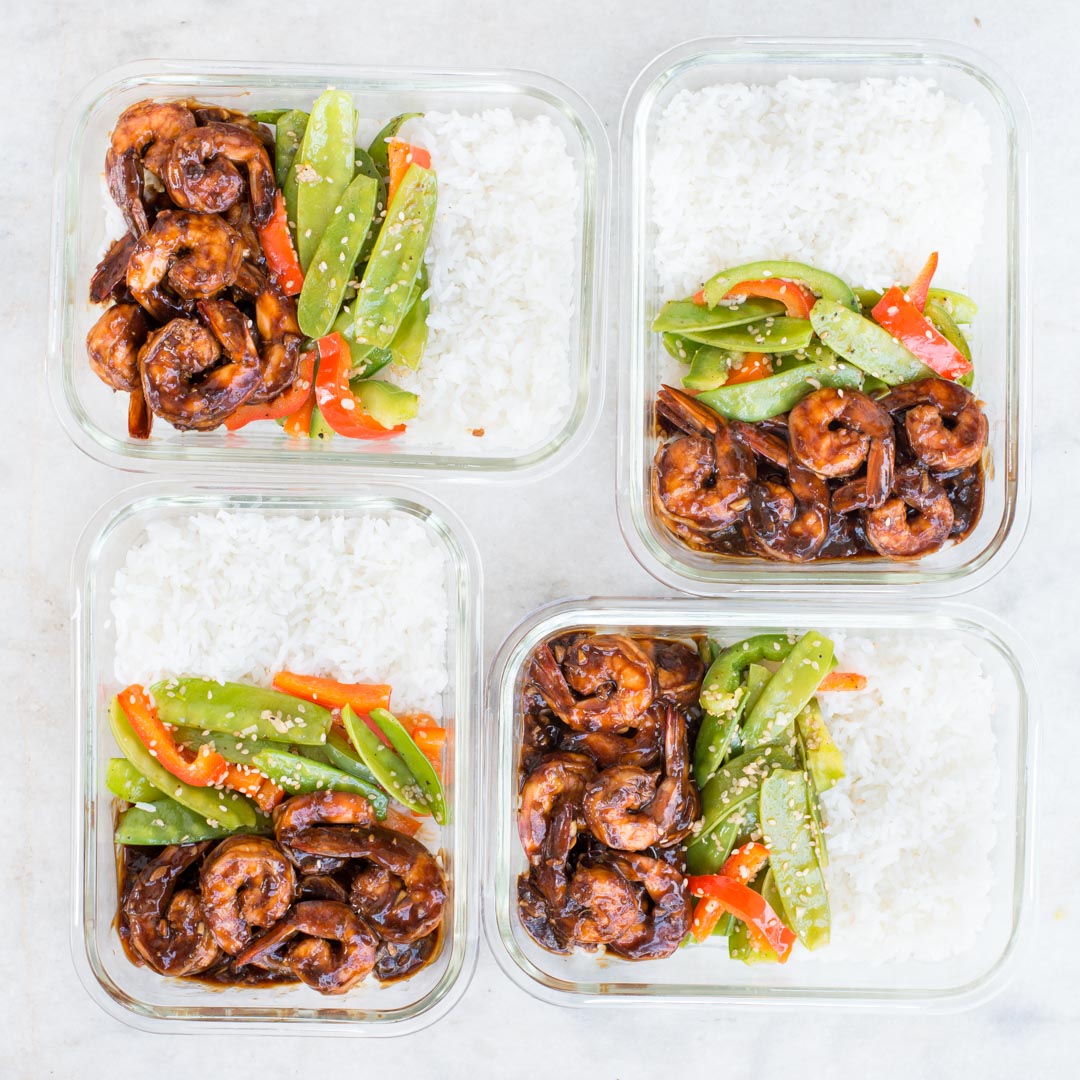 Meal Prep / Lunch box of Vegetable Shrimp Stir fry with an incredible sauce along with white rice