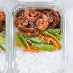 Vegetable Shrimp Stir fry with an incredible sauce takes less than 30 minutes to prepare. Make it ahead and it is perfect for healthy meal prep.