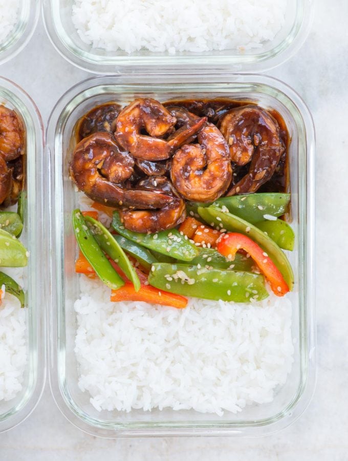 Vegetable Shrimp Stir fry with an incredible sauce takes less than 30 minutes to prepare. Make it ahead and it is perfect for healthy meal prep.