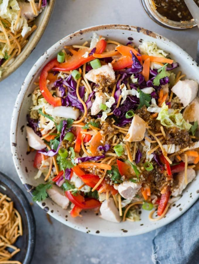 This Chinese Chicken Salad with Chicken, crunchy vegetables, crispy fried noodles and Asian Sesame dressing is a summer staple.