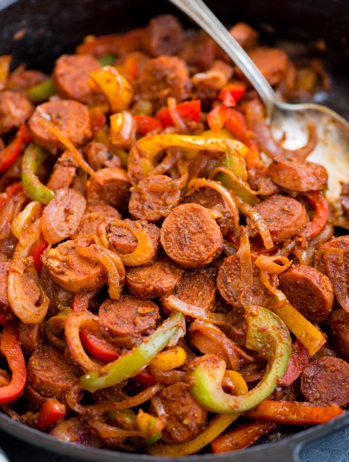 This Cajun Sausage and peppers skillet with caramelized onions, Crunchy peppers, is so flavourful. You need less than 30 minutes and one pan to make this dinner on a busy weeknight.