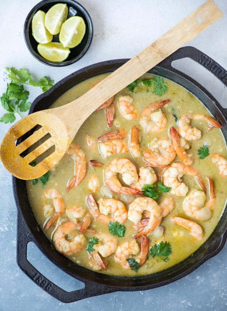 Delicious Thai Shrimp Curry simmered in Thai Green green curry paste and creamy coconut milk takes less than 20 minutes to make.