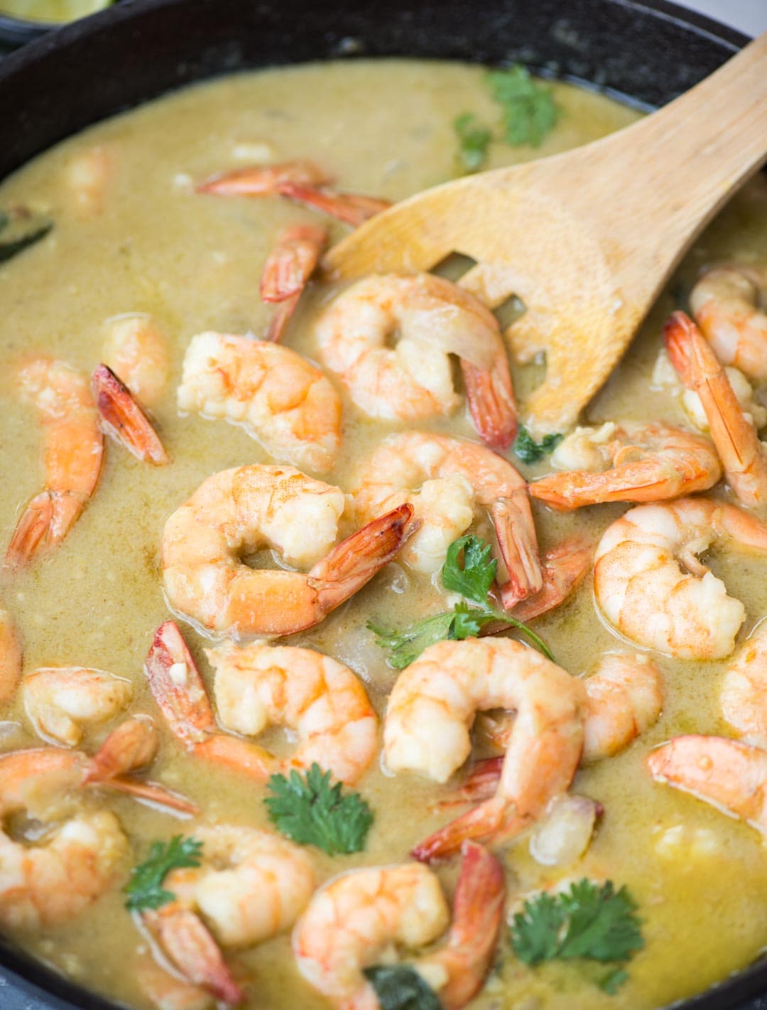 Delicious Shrimp Curry simmered in Thai Green green curry paste and creamy coconut milk takes less than 20 minutes to make.