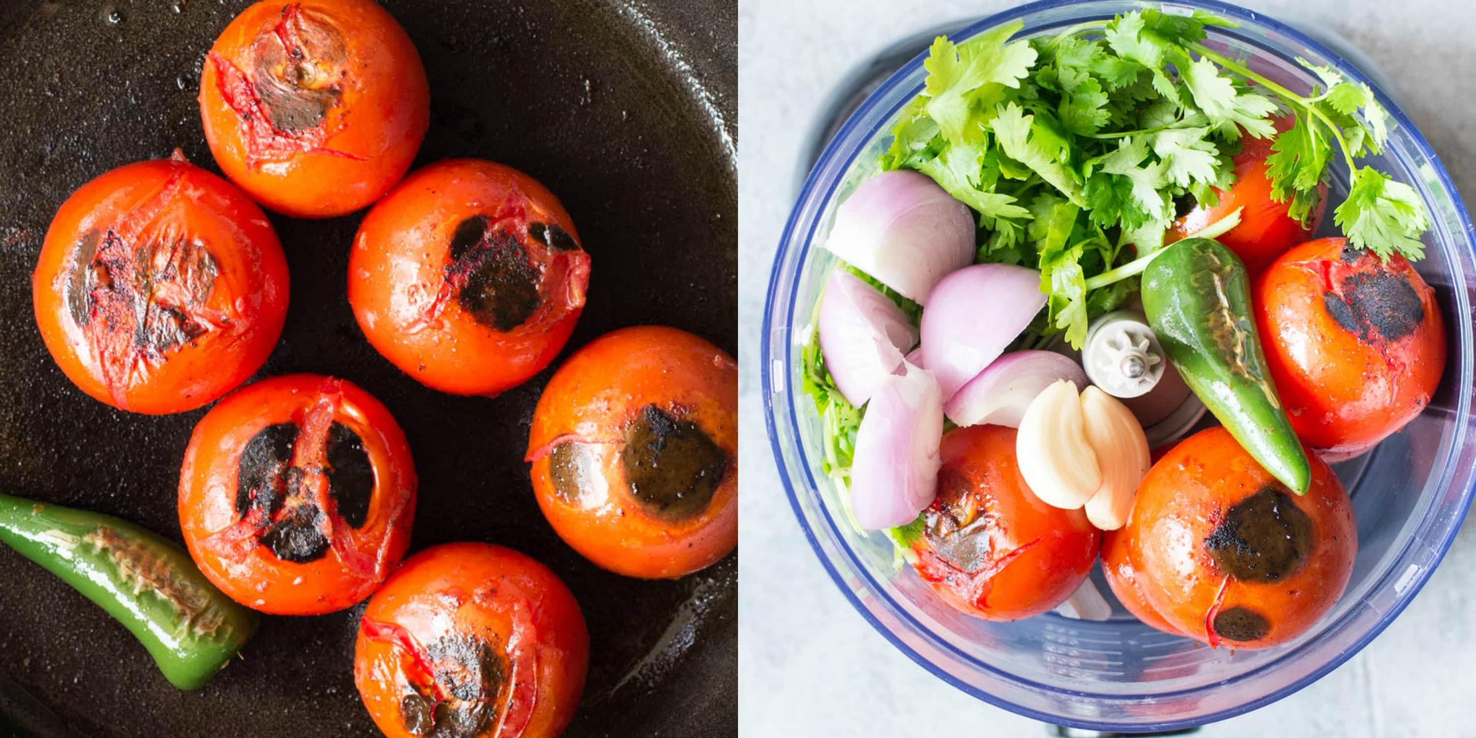 Ingredients needed to make tomato salsa - Roasted tomatoes, cilantro, bell peppers, garlic, onion.