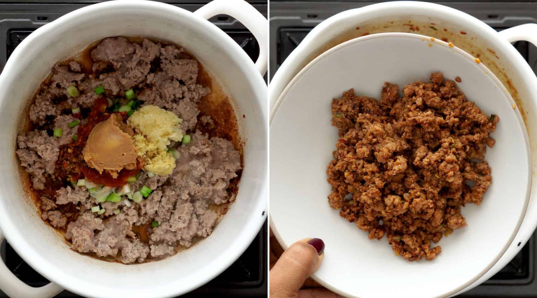 Cook pork with ginger, garlic, miso, sambal and soy.
