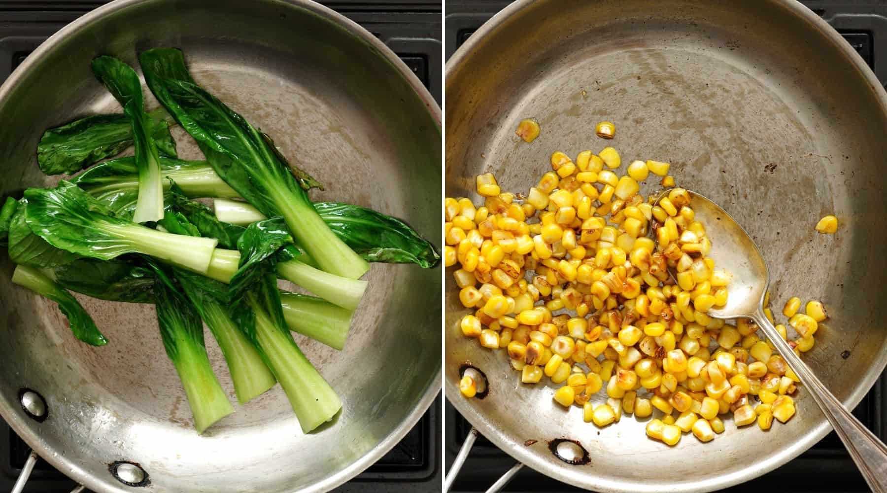 Making ramen topping- sauteed bok choy and buttered sweetcorn.