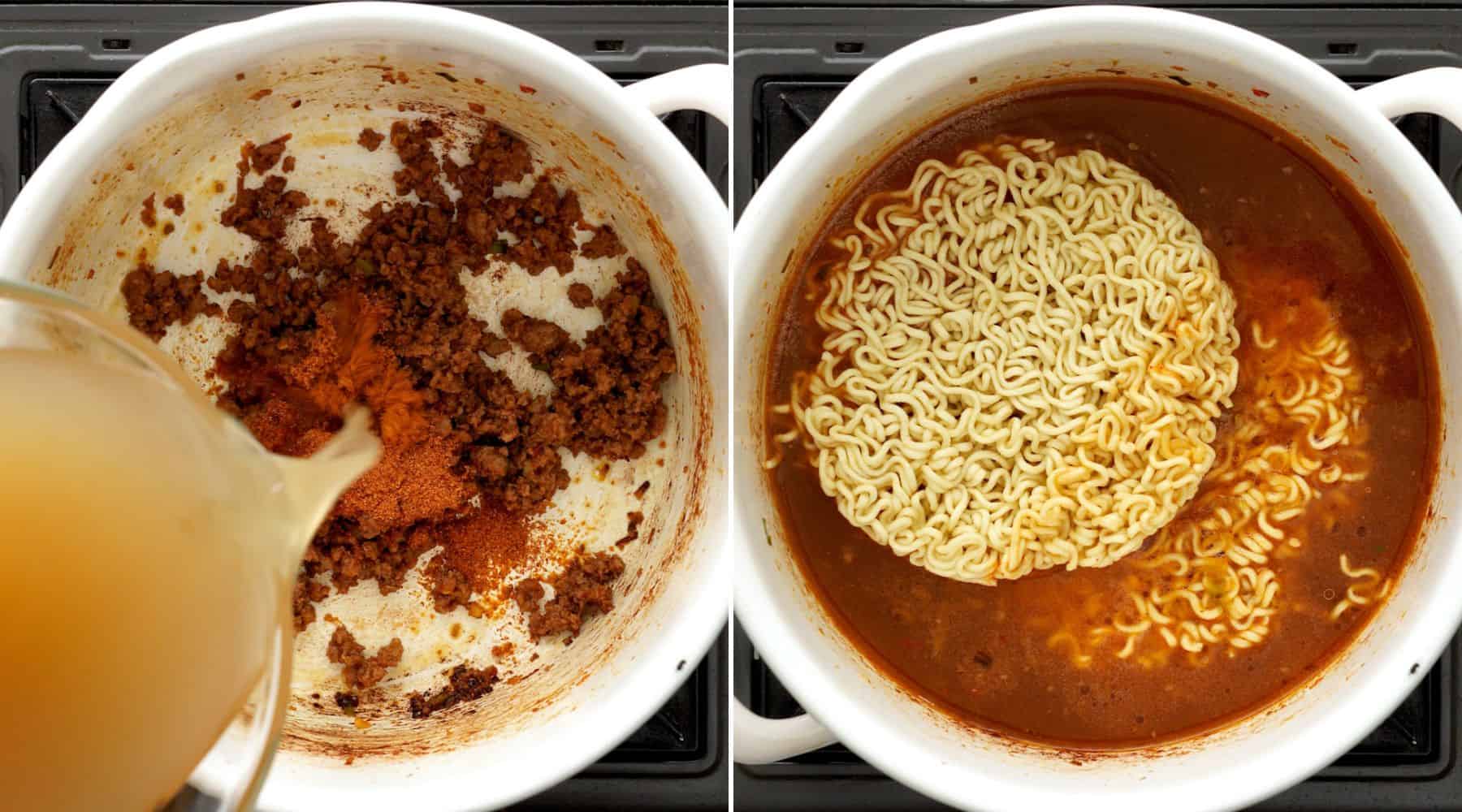 Make broth by adding ramen seasoning and chicken stock to the pork. Cook noodles in the broth.