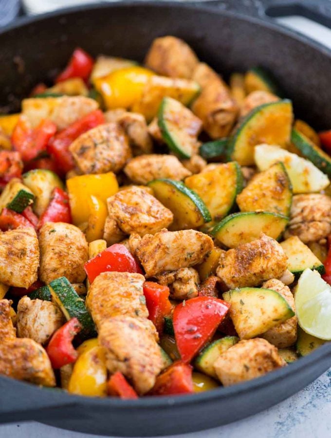 Cajun Chicken with vegetables is a smokey, flavourful one-skillet meal, with juicy chicken and lots of vegetables. Takes only 15 minutes to make and a perfect busy day dinner for the family.
