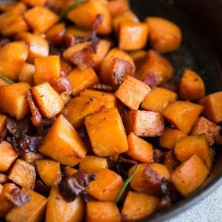 Maple Bacon Sweet Potato Hash with a hint of cinnamon and rosemary is easy to make. A perfect side dish to serve with your dinner or thanksgiving dinner.