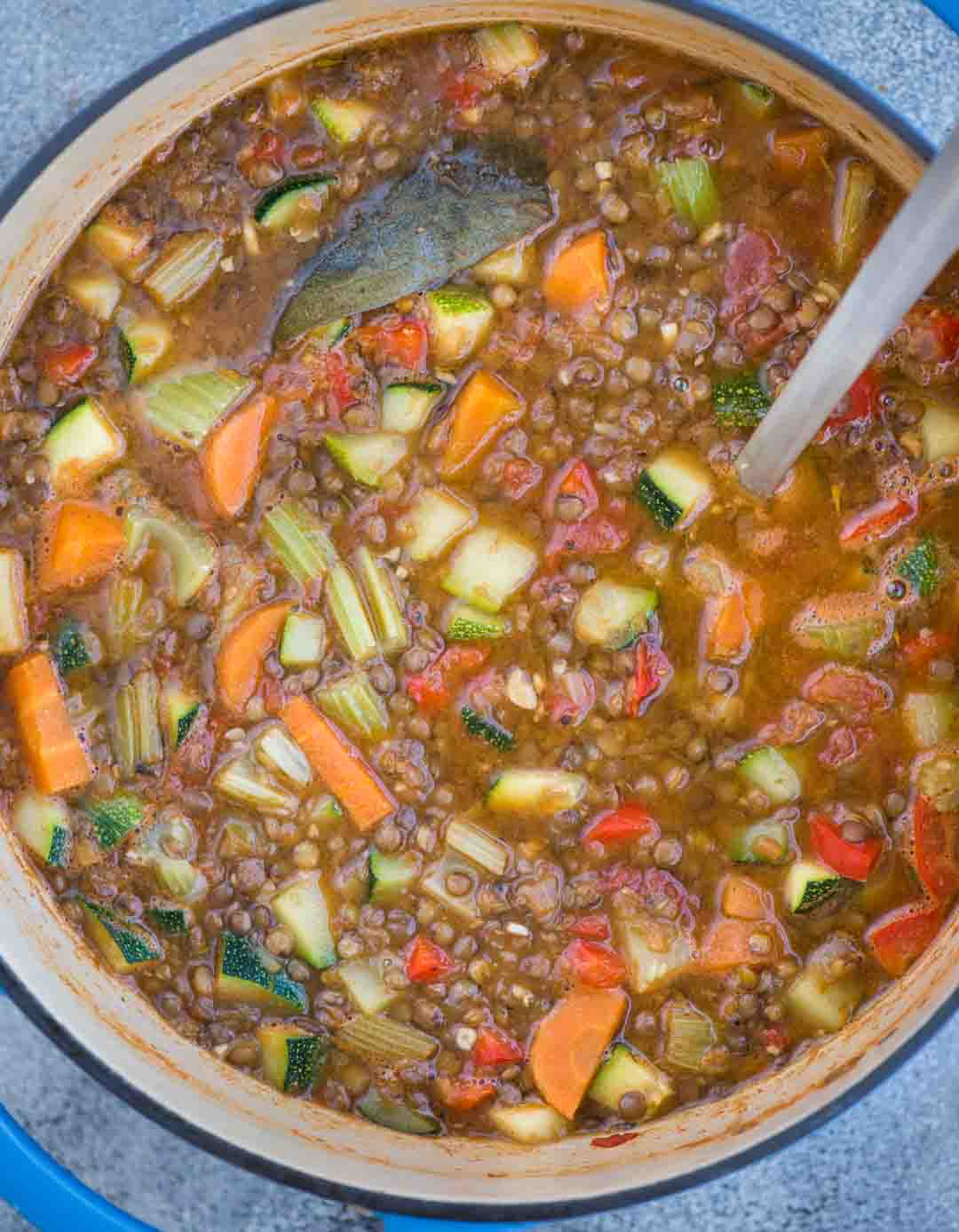 Vegetable Lentil Soup with array load of vegetables is a filling one-pot vegan meal. Made with Lentils, Zucchini, Carrot, Celery, this soup is loaded with plant-based protein and fiber.