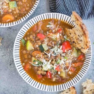Vegetable Lentil Soup with array load of vegetables is a filling one-pot vegan meal. Made with Lentils, Zucchini, Carrot, Celery, this soup is loaded with plant-based protein and fiber.