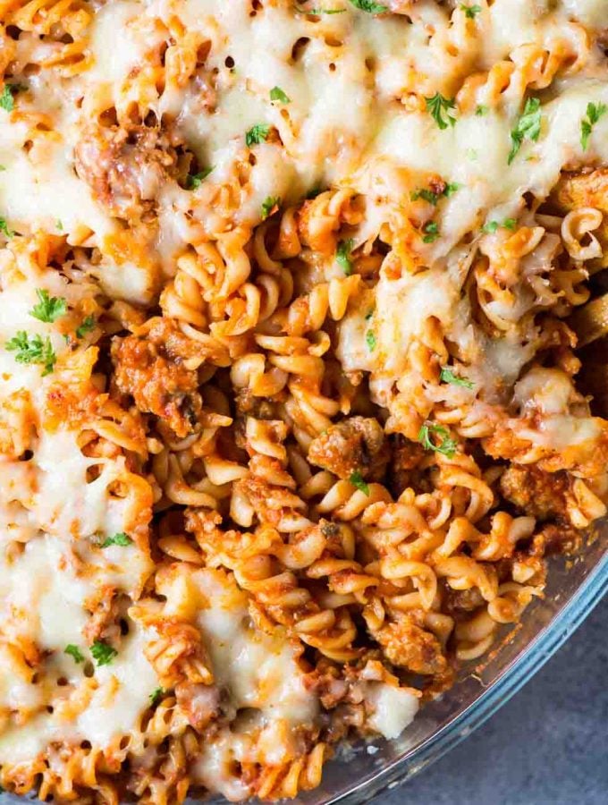 Tangy tomato sauce, spicy Italian Sausage and lots of cheese together makes this baked pasta dish delicious and super satisfying. 