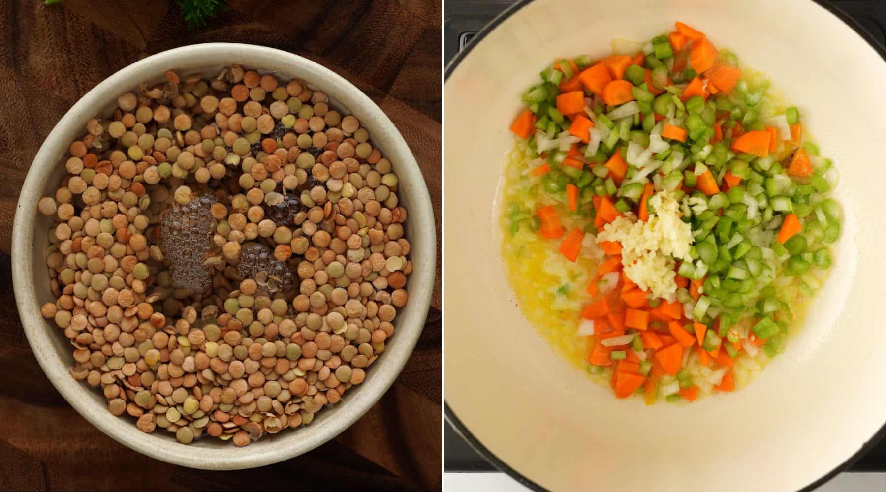 Soak lentil and saute onion, celery, carrot and garlic, 