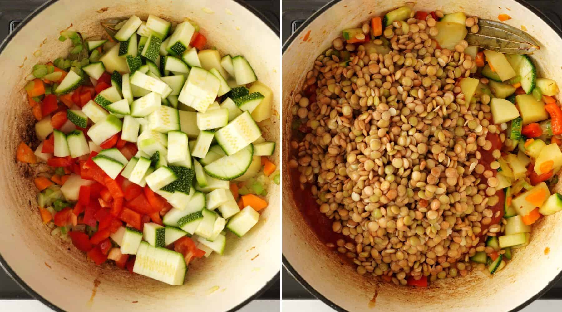 add potatoes, zucchini, pepper, tomato and soaked lentil.