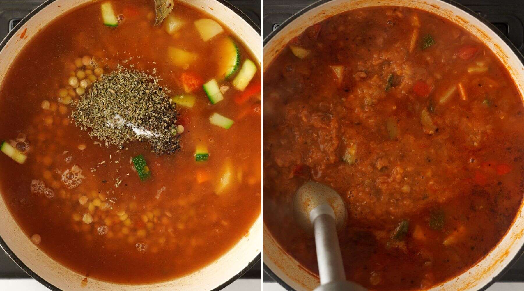 Add seasoning and stock. cook lentil. then blend with an immersion blender.  