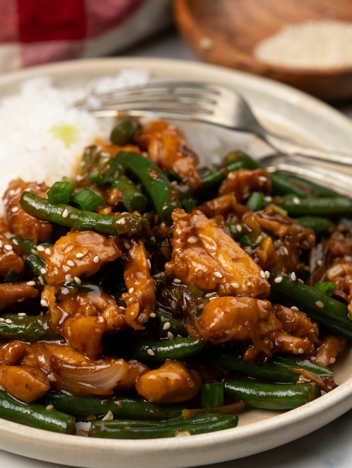 Close up of chicken and green beans stir fry.