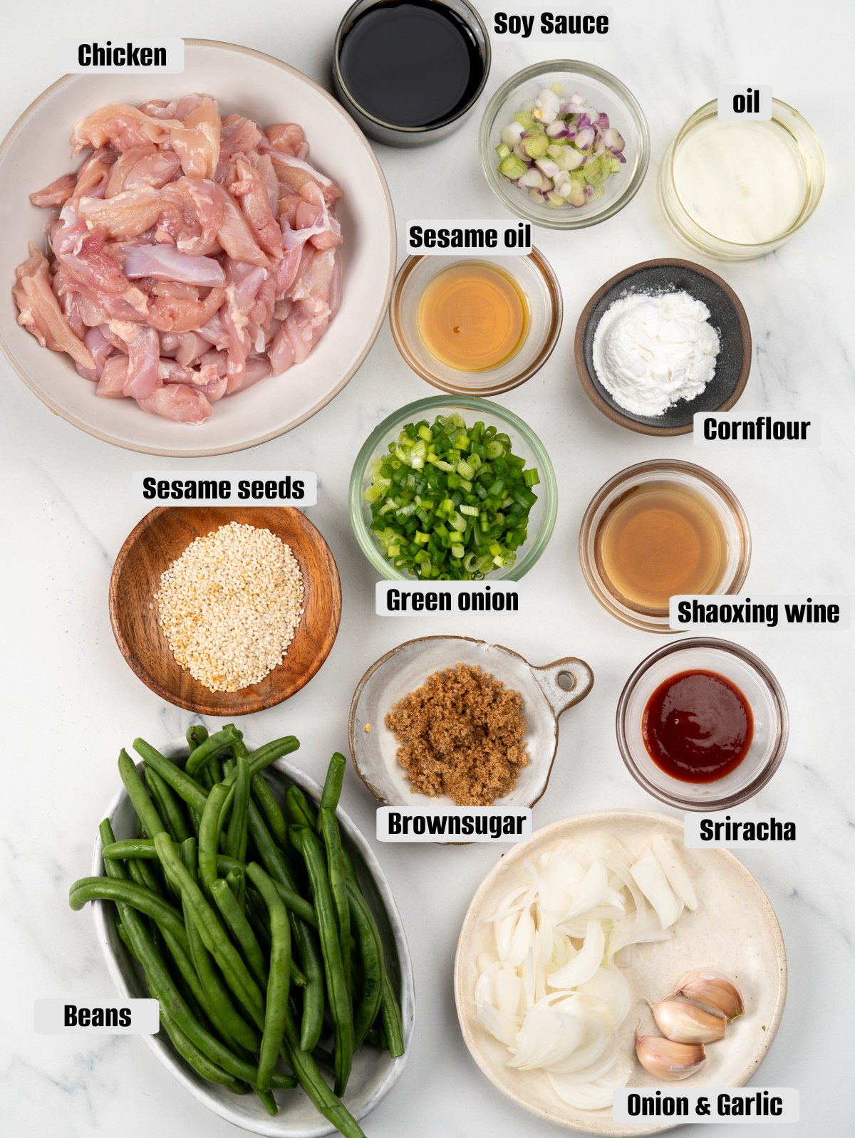 Ingredients for chicken and green beans stir fry. 