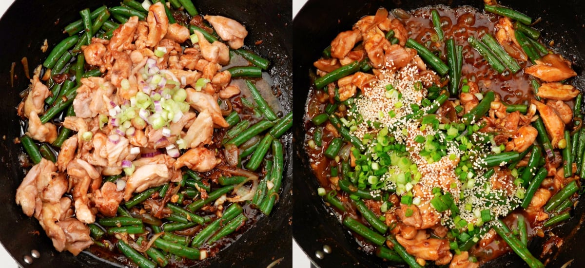 Add cooked chicken, green onion. stir fry sauce , toasted sesame seeds back to the wok.