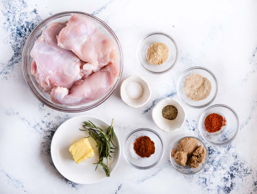 Image shows easily available ingredients required to make sweet and spicy boneless chicken thighs.
