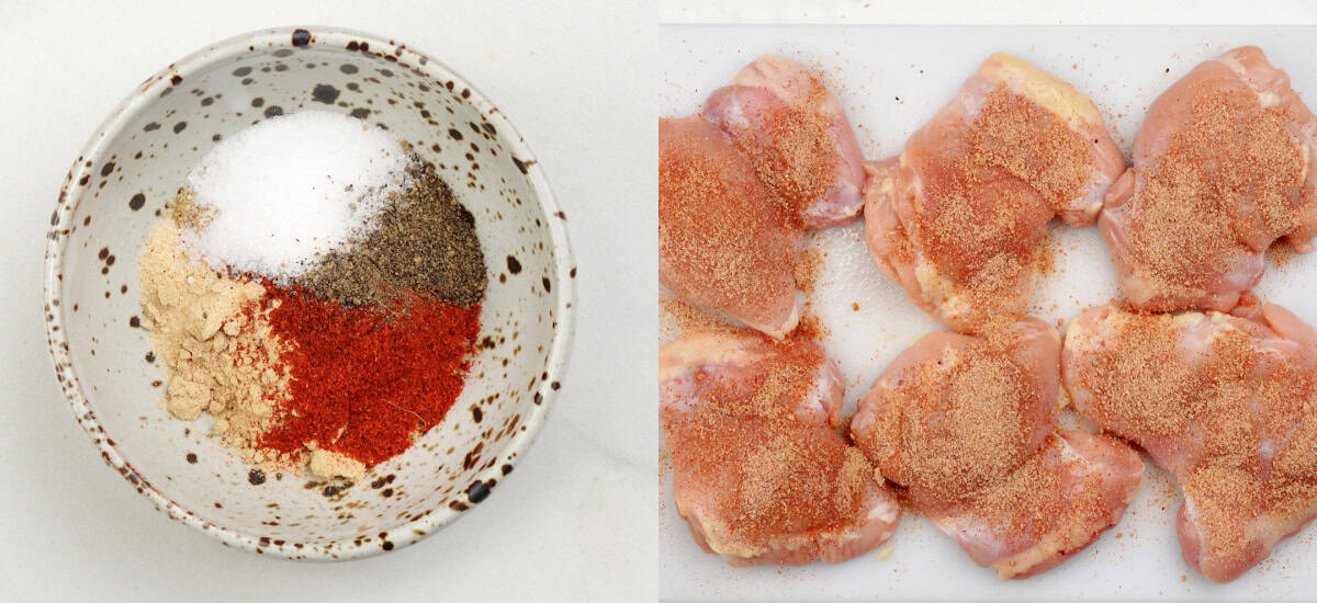 make sweet and spicy dry rub. Season chicken thighs on both sides