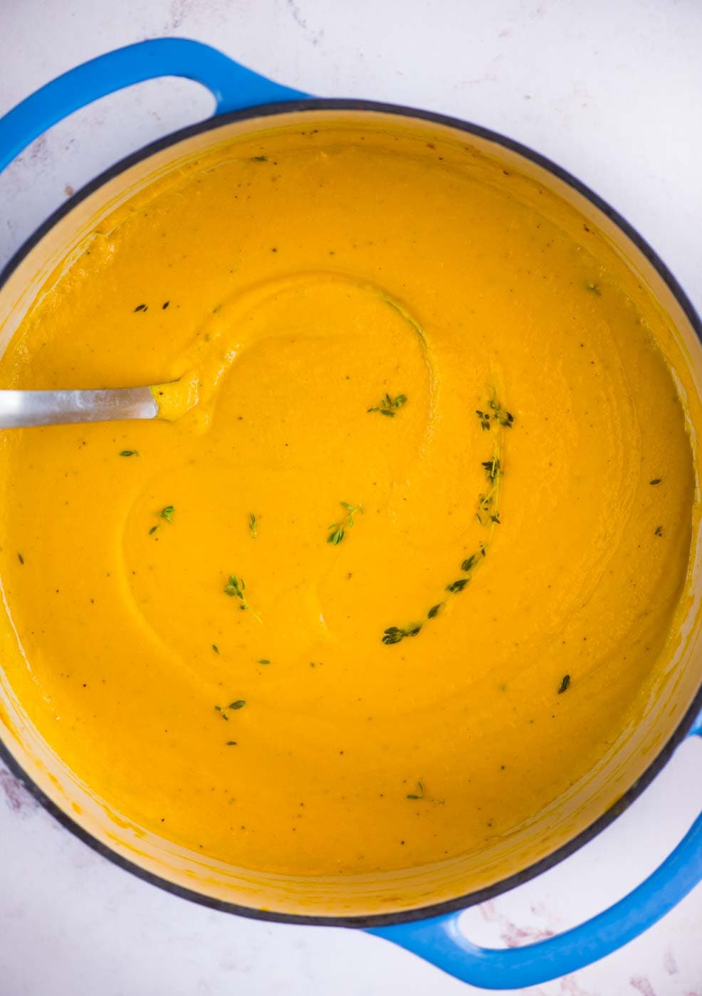 Pumpkin Soup is velvety smooth and creamy without oodles of cream in it. The taste of pumpkin really signs through this healthy soup.